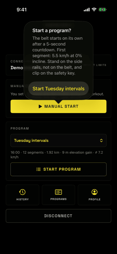 Start confirmation showing the safety instruction