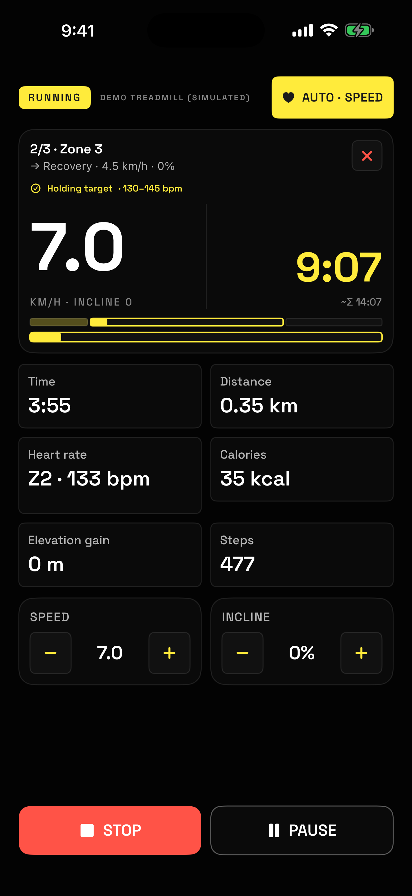 Current active run with automatic speed control and simulated heart rate