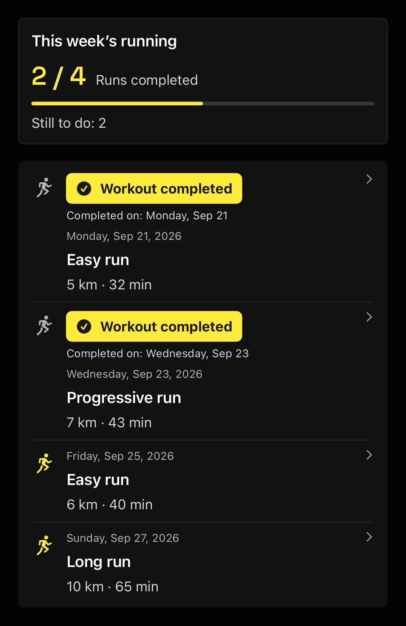 TreadPilot Coach weekly completion and workout cards rendered with a sample training plan