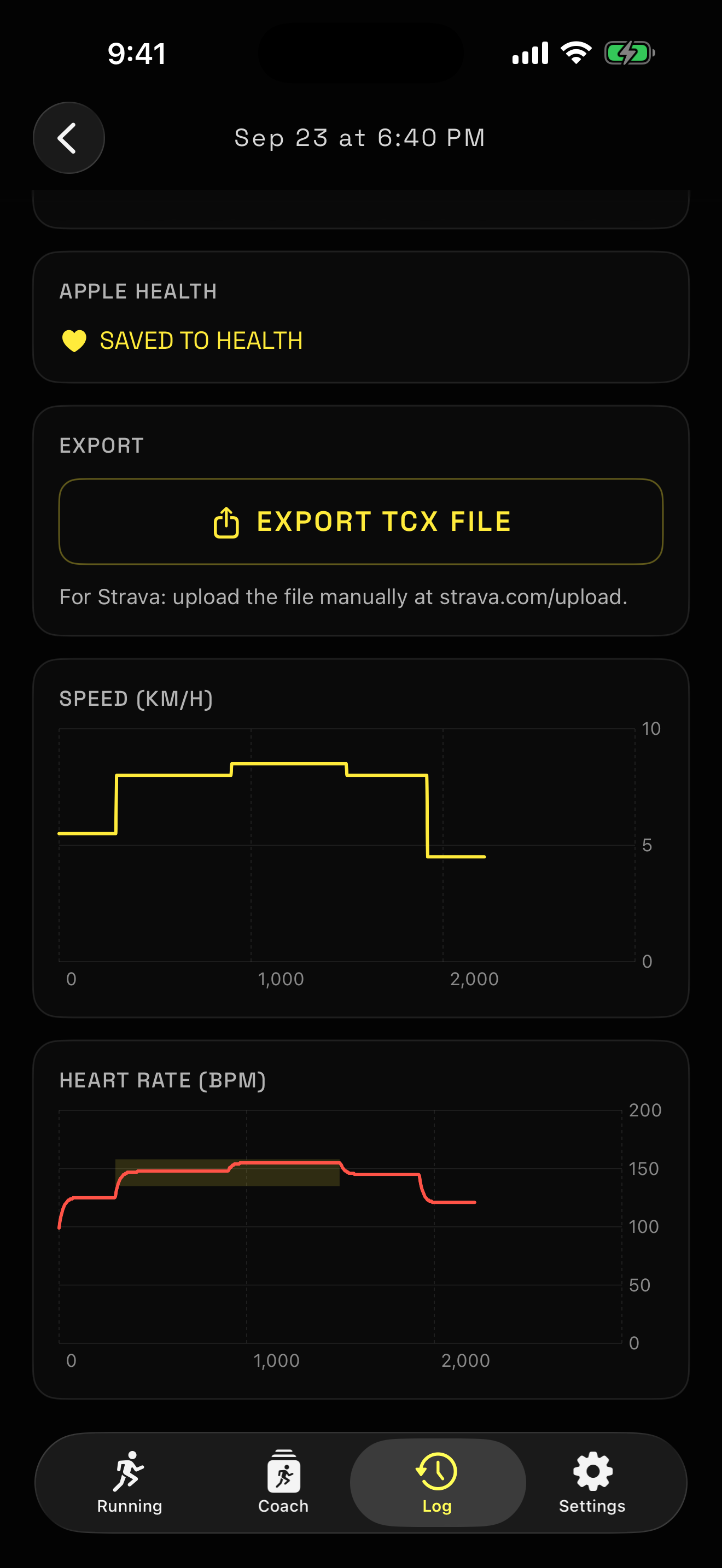 Current workout detail with sample speed and heart-rate charts