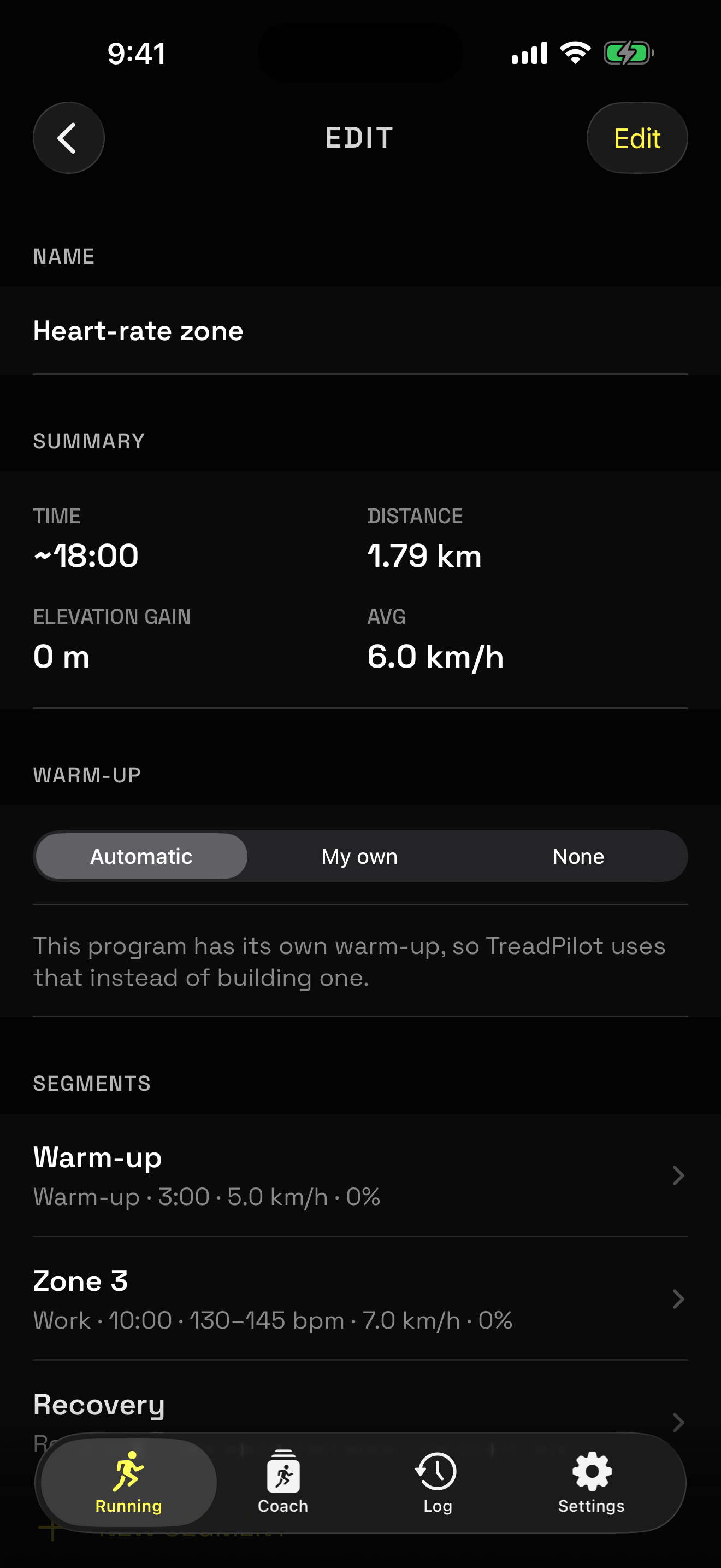 Current program editor with warm-up, heart-rate and recovery segments