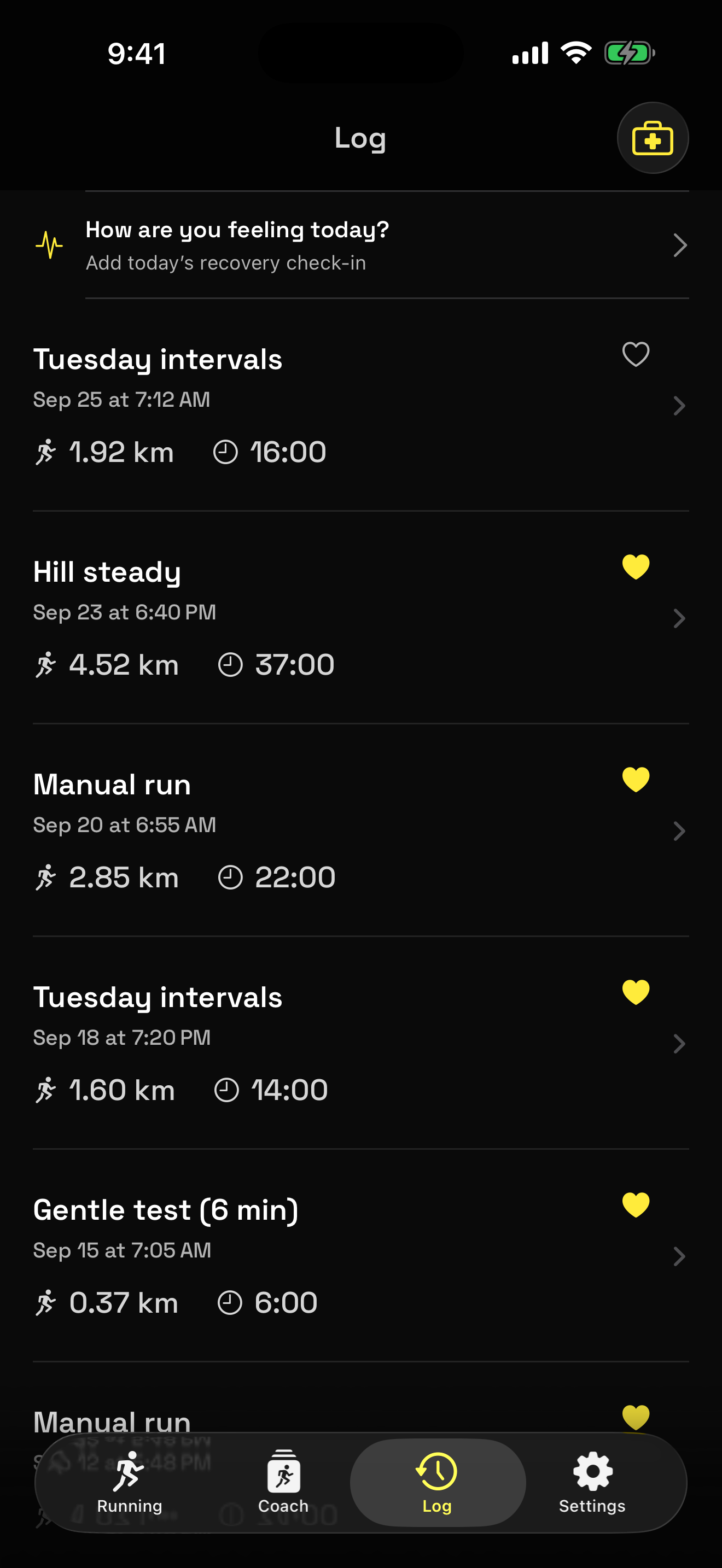 Current workout log with synthetic sample runs