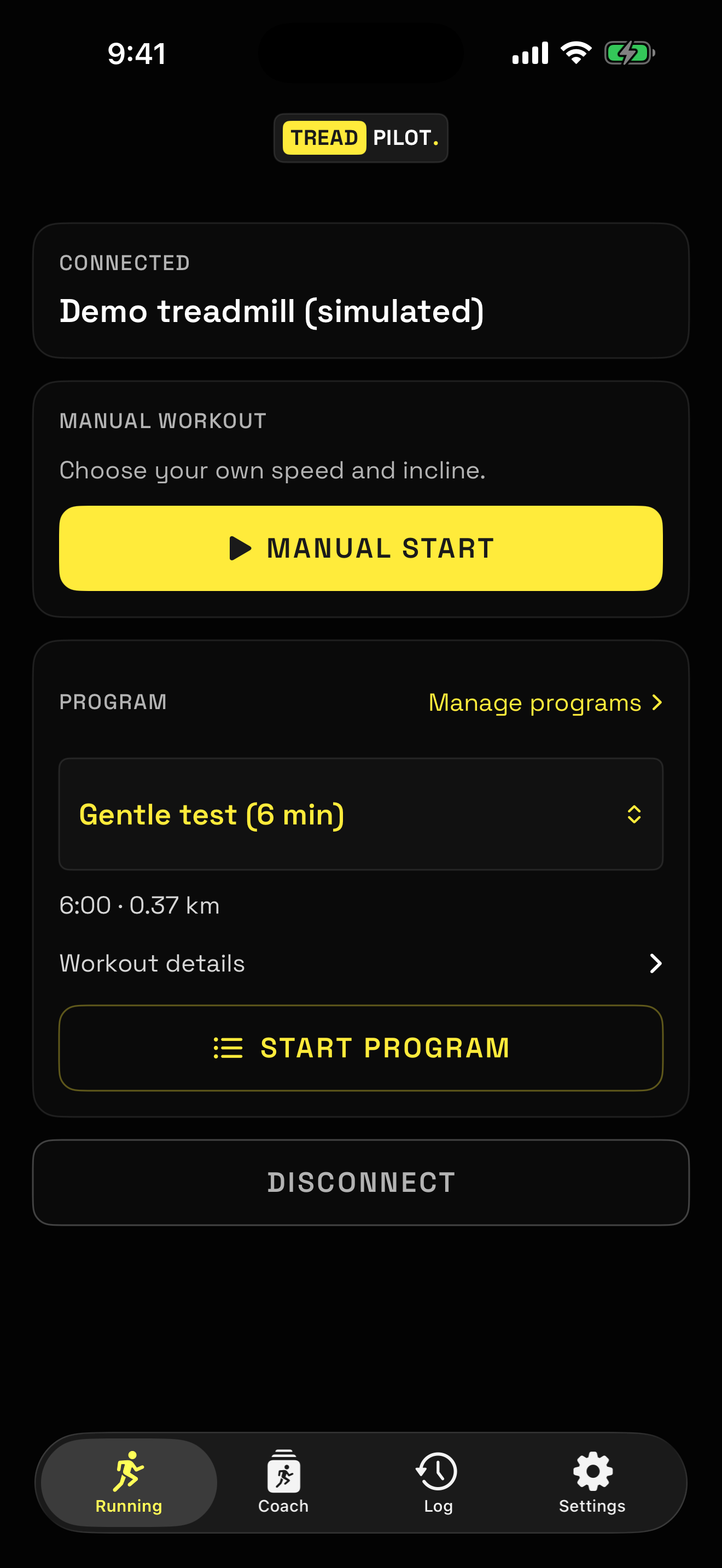 Current home screen with manual and program start on a simulated treadmill