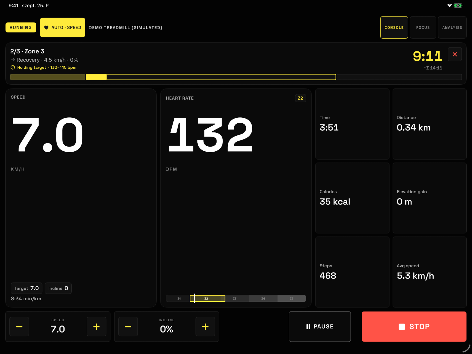 Current iPad Console with program timeline, automatic speed control, heart rate and fixed pause and stop controls in Demo Mode