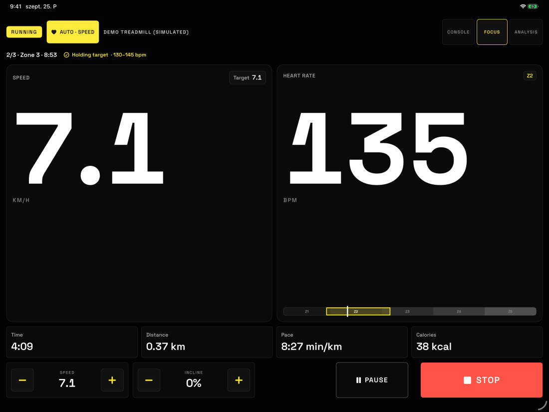 Current iPad Focus view with large speed and heart-rate readings, target gauge and fixed controls in Demo Mode