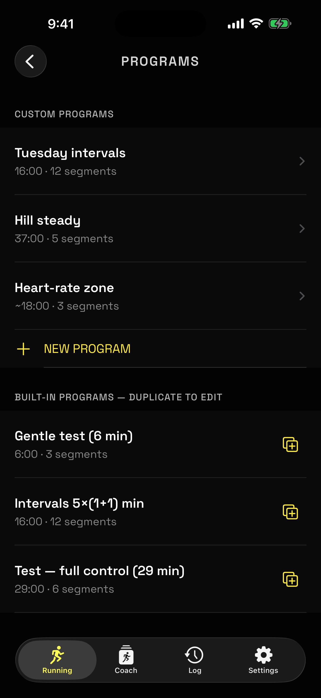Current program library with sample custom sessions and built-in programs