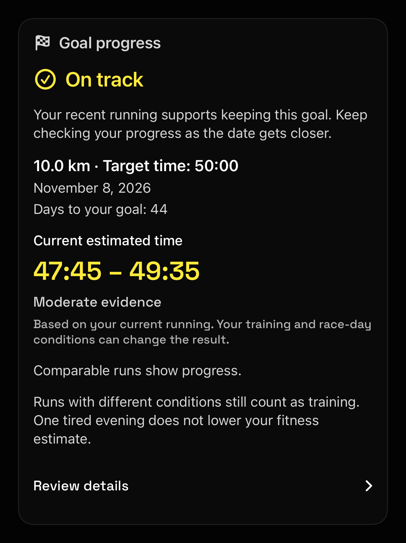 TreadPilot goal progress card rendered with a sample goal and estimated finish time