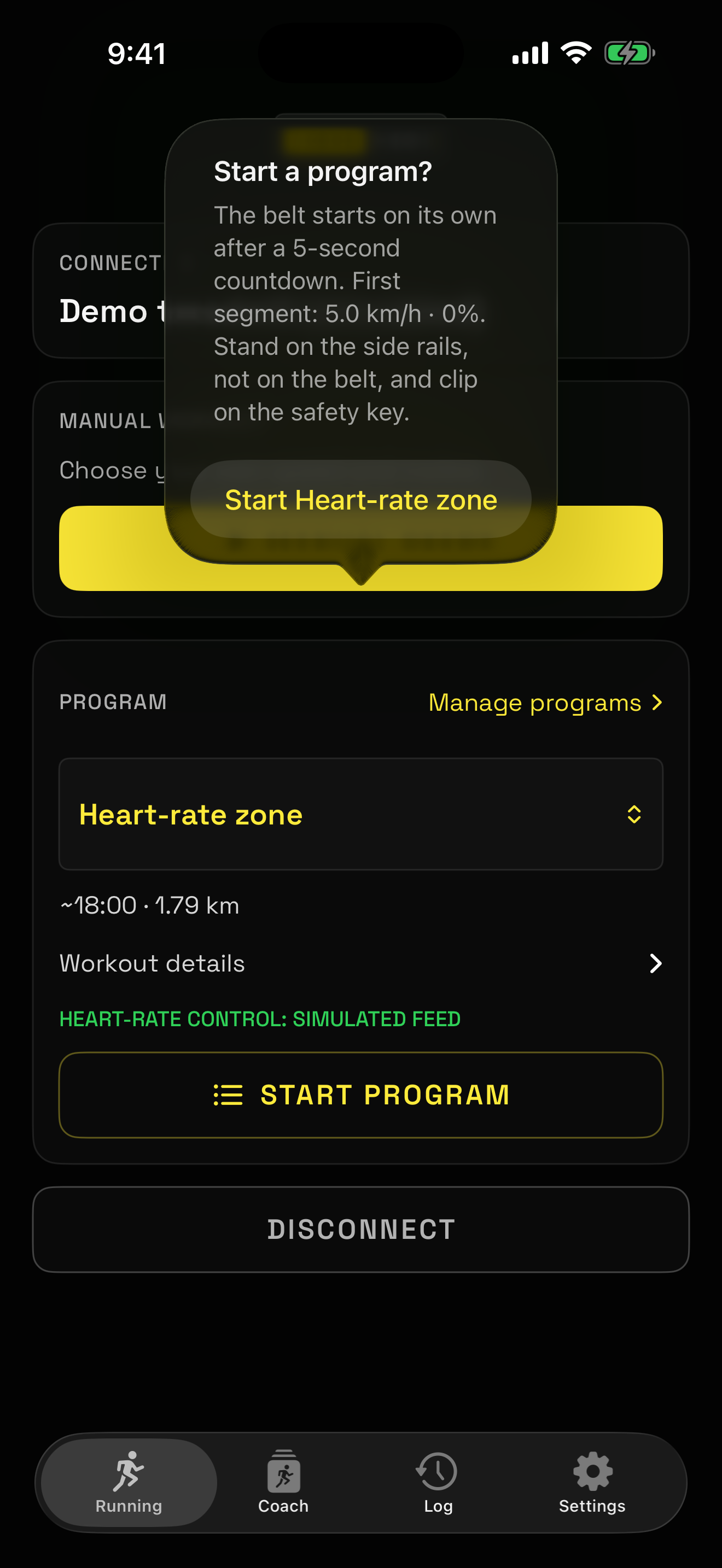 Current start confirmation with safety-key and side-rail instructions